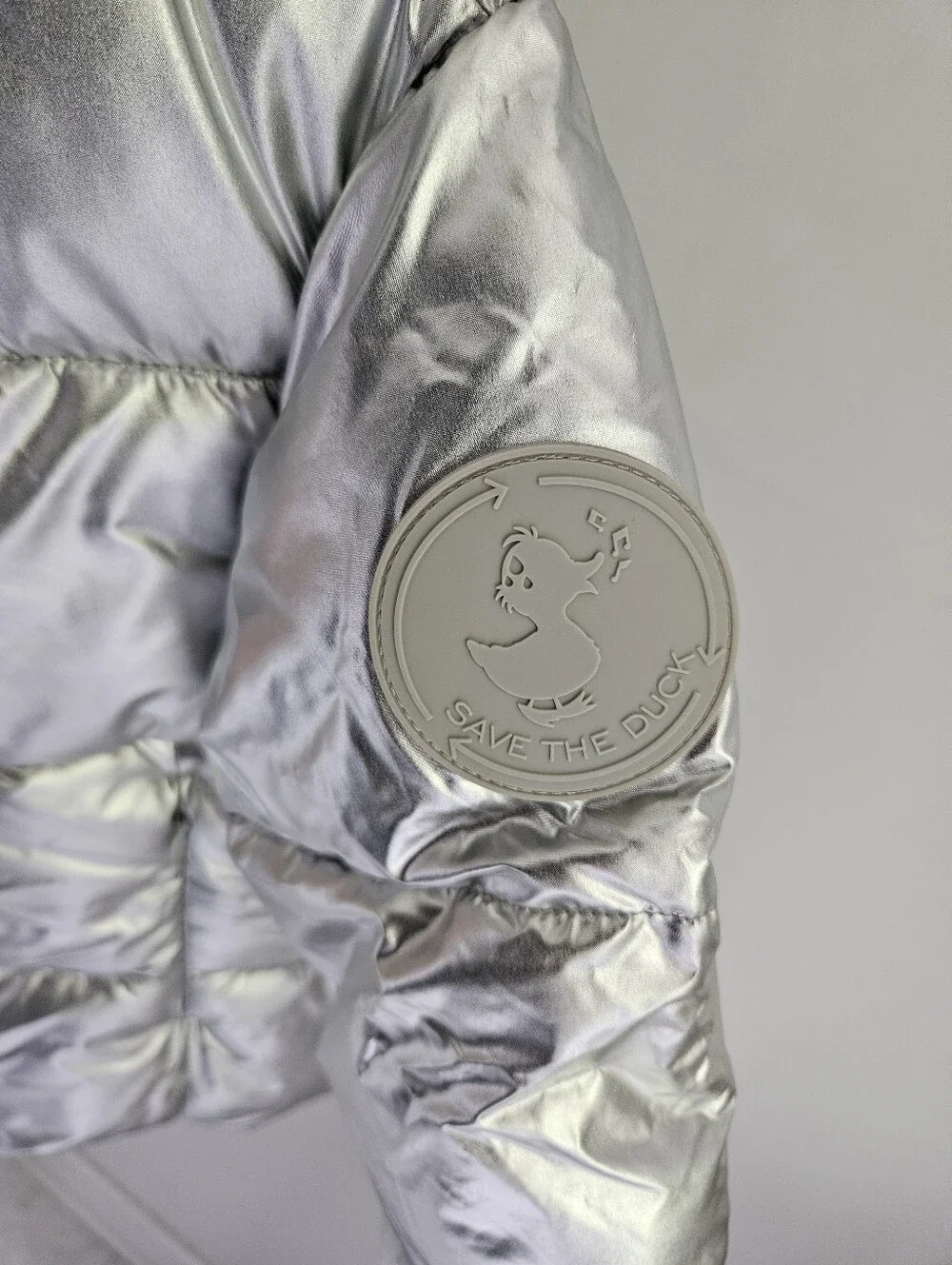 Save The Duck Silver Metallic Puffer Coat Funnel Neck NWT